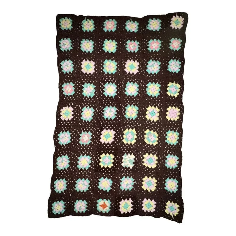 Vintage Handmade Brown Multicolor Granny Square Crochet Blanket Throw Afgan EUC